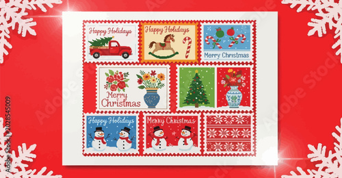 Vintage Christmas greeting card with decorated Christmas tree and ornamental postal frame design