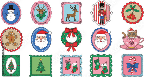 Colorful cartoon Christmas alphabet and holiday icon set with decorated Easter eggs, ribbons, trees, flowers, letters, symbols, and festive patterns