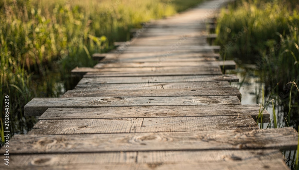 Obraz premium Wooden boardwalk trail elevated over marshy ground medium shot focusing on the natural wood grain with softfocus greenery framing the scene.