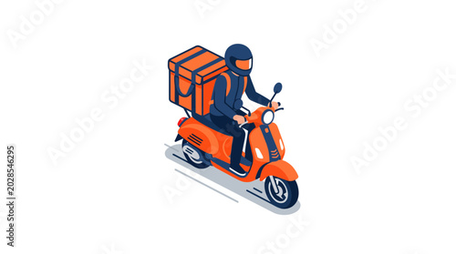 Isometric delivery man riding a scooter with a large cargo box for fast food or parcel delivery service concept