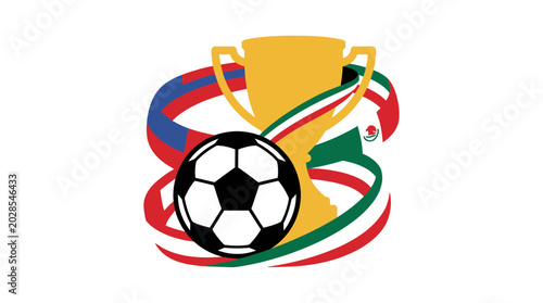 Soccer ball and golden trophy cup with decorative ribbons representing a world championship sports victory