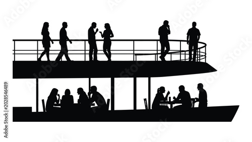 Konstfotografi black silhouette of a two deck riverboat with people on a white background silho