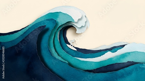 Surfer Riding Wave Papercraft Illustration with Layered Textured Paper Design