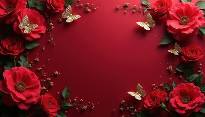 Red roses and golden butterflies form a decorative border on a deep red backdrop. Delicate sprigs with small buds add texture. Elegant floral arrangement suggests romance and celebration.