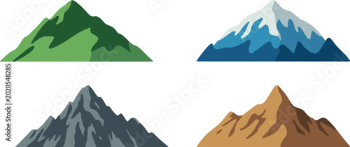 Canvastavla Mountain peaks vector illustration set with green hills snowy blue slopes rocky