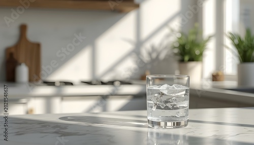 Glass of water with ice cubes lemon slice modern kitchen sunlight refreshing drink concept photo