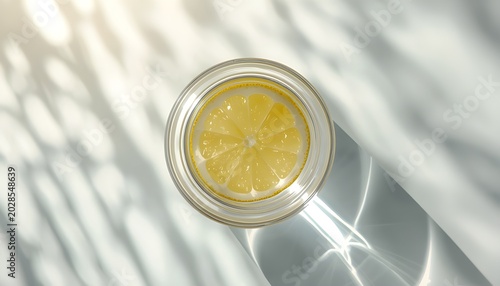 Top view glass of lemonade with lemon slices sunlight shadow refreshing drink concept photo