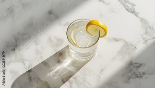 Glass of water with ice cubes lemon slice marble surface sunlight refreshing drink concept photo