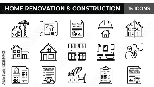 Fotografie Home renovation and construction icons, 15 building line vector set, house remod