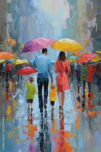 Walking the dog: a family stroll through a rainy street with colorful umbrellas, reflections on pavement