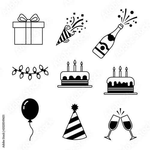 Black and white birthday celebration icons.