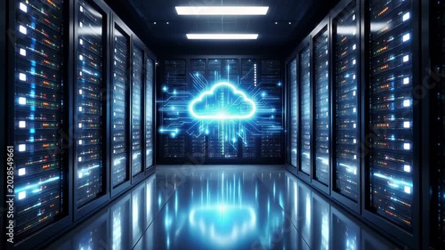 High-tech data center interior with rows of illuminated server racks and a glowing neon cloud hologram symbolizing cloud computing, network infrastructure, and digital storage.