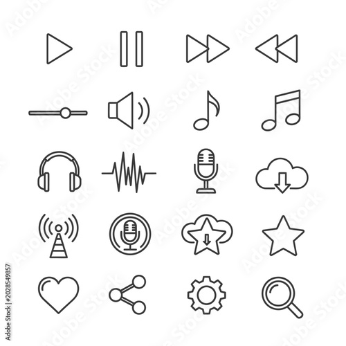 Black icons for media and technology.