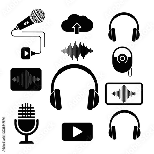 Black icons of audio equipment headphones.