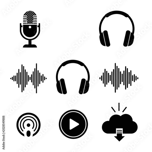 Black icons for podcast and audio.