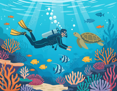 Scuba diver exploring coral reef sea.