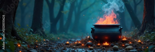 Spooky Halloween scene with a bubbling cauldron, scattered herbs, and mystical artifacts under a dimly lit night sky Perfect for Halloween, witchcraft, and fantasy themes , vintage, crystals