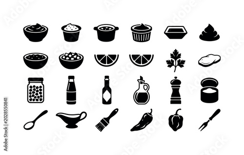 Seafood Sauce Bowls. Solid glyph icon set of condiment and dipping sauces for seafood dishes: cocktail sauce bowl, tartar sauce cup, garlic butter pot, aioli ramekin, soy dish, wasabi mound, chili