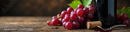A bottle of aged Bordeaux wine rests on a rustic wooden table, surrounded by grapes and a corkscrew  The rich, deep red wine suggests years of careful aging and elegant refinement , wine glass, grape