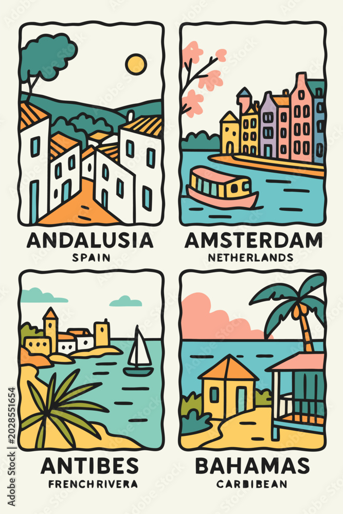 Obraz premium Travel Destinations Collage: Andalusia, Amsterdam, Antibes, and Bahamas