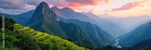 Serene mountain landscape, meticulously sculpted terraces rising to a dramatic peak under a vibrant sky  Perfect for travel, nature, and environmental projects ,  ecology,  ecosystem,  clouds