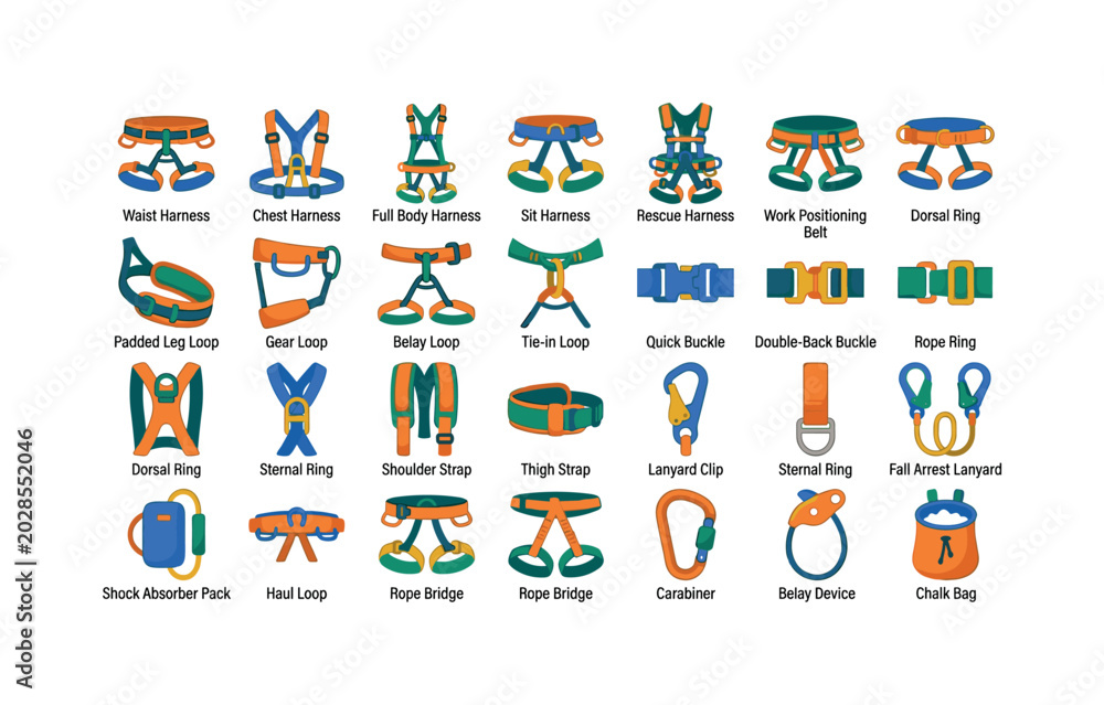 Fototapeta premium Climbing Harness Systems ? waist harness, chest harness, full body harness, sit harness, rescue harness, work positioning belt, padded leg loop, gear loop, belay loop, tie-in loop, quick buckle,