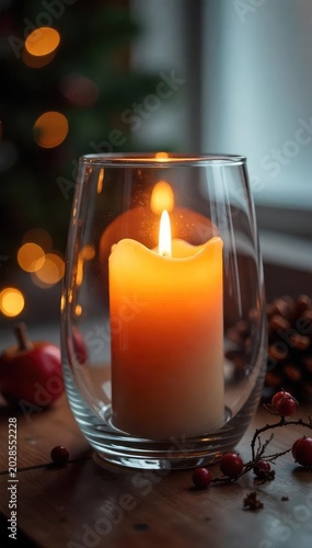 Close-up shot of flickering candle flames in a decorative glass hurricane, casting warm, inviting light and shadows Perfect for autumn, winter, or holiday themes , warm light, cozy
