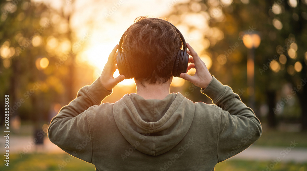 Fototapeta premium Young man wearing headphones listening to music in park at sunset