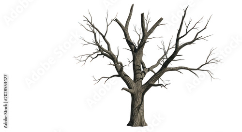 A single bare tree with no leaves standing alone with brown bark and complex branches in winter season isolated on transparent background