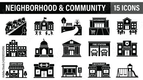 Neighborhood and Community Icons: Residential, Public Services, and Commercial Buildings