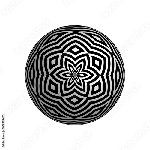 Radial Geometric 3D Pattern on Sphere. Decorative Ball.