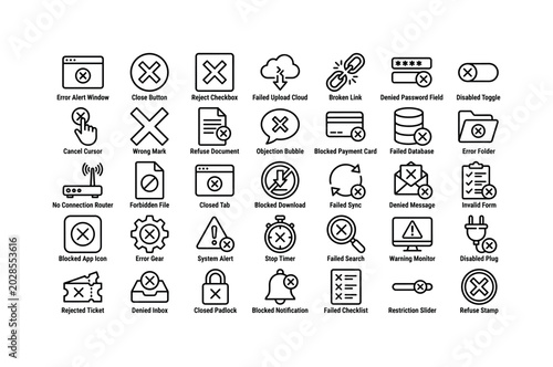 Reject Error Controls. Line icon set of blocked error and refusal interface objects: error alert window, close button, reject checkbox, failed upload cloud, broken link, denied password field,
