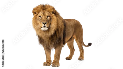 Fototapeta na wymiar Majestic adult male african lion standing in profile showing big mane isolated on transparent background png art.