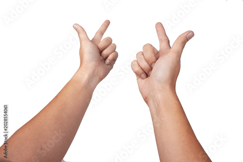 Male asian hand gestures isolated over the white background.  shooting pose. First person view.