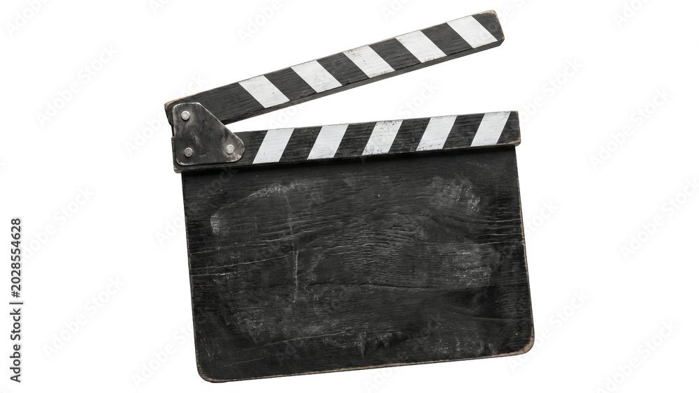 Fototapeta premium Vintage black wooden clapboard with white stripes isolated on transparent background for cinema production use.