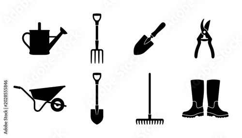 Bilde på lerret Gardening Tools Vector Icons Set: Watering Can, Fork, Trowel, Pruners, Wheelbarrow, Spade, Rake, Boots