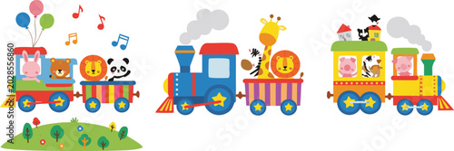 Photography Cute animal train cartoon vector illustration set featuring colorful locomotive