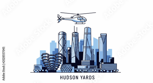 Stylized illustration of a cityscape with skyscrapers, a helicopter, and unique architectural structures