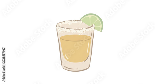 PNG cut out isolated background. A flat, hand-drawn style vector illustration of a shot glass filled with yellow liquor, featuring a white salted rim and garnished with a slice of lime.