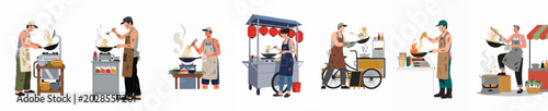 Foto Collection of diverse Asian street food vendors and chefs cooking various noodle dishes at different stalls and carts, flat vector illustration set