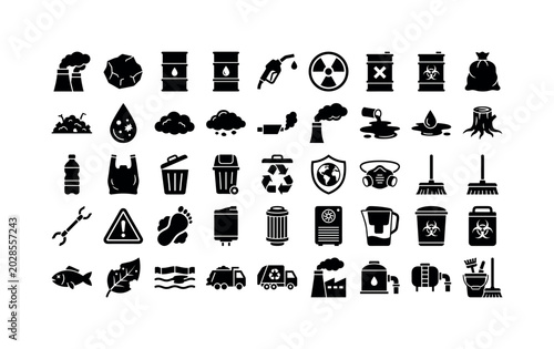Pollution Planet Protection. Solid glyph icon set of pollution planet protection: smokestack, coal lump, oil barrel, fuel pump, radiation symbol, toxic barrel, garbage bag, landfill mound, dirty water