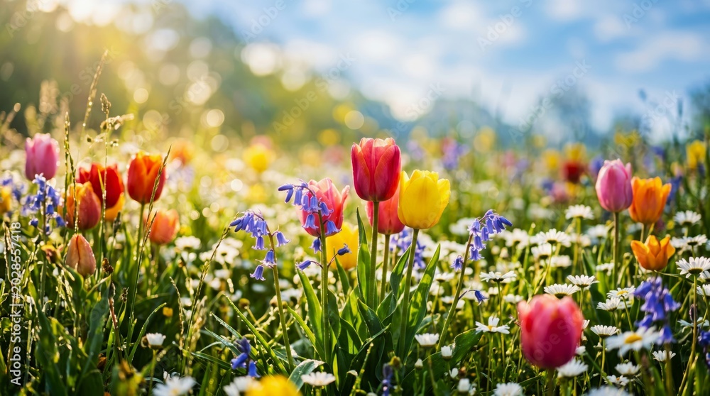 Obraz premium Vibrant spring meadow with colorful tulips and wildflowers in sunlight