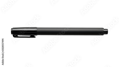 A single black felt tip marker pen lying horizontally for writing or drawing in an office or school isolated on transparent background