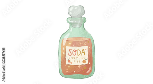PNG cut out isolated background. A cute, minimalist digital illustration of a glass soda bottle, featuring a refreshing peach flavor and a label with an orange illustration.