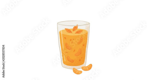 PNG cut out isolated background. A minimalist digital illustration of a glass filled with mandarin juice and garnished with fruit segments, rendered in a simple, artistic style.