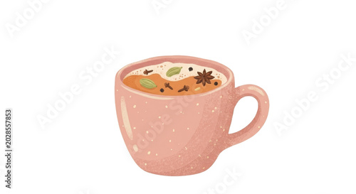 PNG cut out isolated background. A cute, minimalist digital illustration of a warm cup of spiced chai tea, topped with aromatic spices like star anise, cloves, and cardamom.