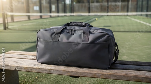 Durable black duffel bag resting on a wooden bench near a tennis court.