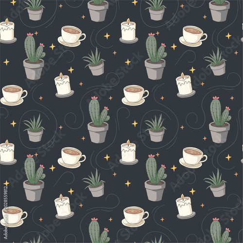 Cozy seamless pattern with potted cactus coffee cups and candles on dark background