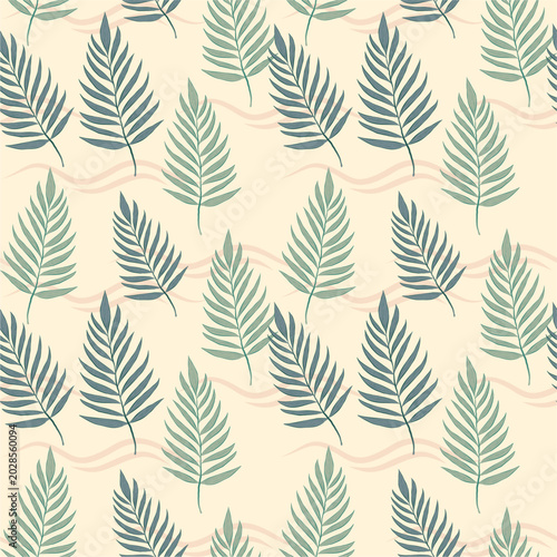 Beautiful seamless tropical fern leaves pattern in cozy aesthetic style