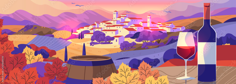 Fototapeta premium Spanish village wine culture vineyard landscape barrel bottle glass scenic countryside hills sunset rural autumn colorful foliage